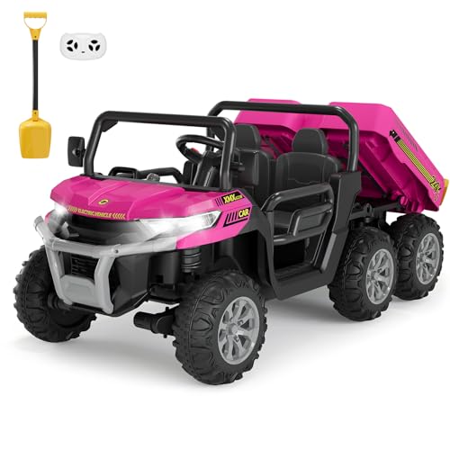 Hetoy 24V Ride on Dump Truck with Remote Control, Electric Dump Bed, Electric Utility Vehicles UTV 4WD Battery Powered 6 Wheeler Ride On Toys for Boys Girls (Pink) - color: Pink