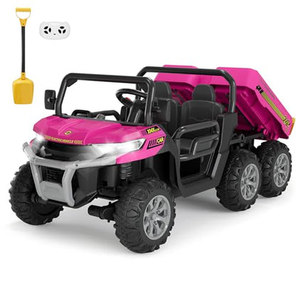 Hetoy 24V Ride on Dump Truck with Remote Control, Electric Dump Bed, Electric Utility Vehicles UTV 4WD Battery Powered 6 Wheeler Ride On Toys for Boys Girls (Pink) - color: Pink