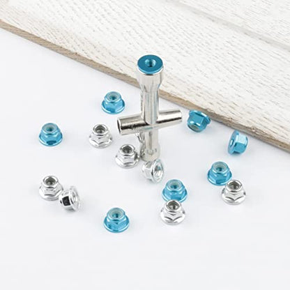 16pcs M4 Lock Nuts for 1/10 RC Car Wheel, Light Blue & Silver | 4mm Anodized Aluminum Alloy and Steel, Flange Serrated Nylon Insert Locking, With Wrench Set - color: Light Blue & Silver