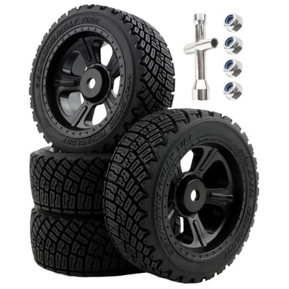 4-Pack RC 1/10 Scale On Road Rally Car Tires OD2.83 Rubber Wheel Rims 12mm Hex Compatible with Traxxas 4 Tec 2.0 Tamiya TT01 XV01 Kyosho WR8 Sakura WLtoys HPI Touring Racing Car