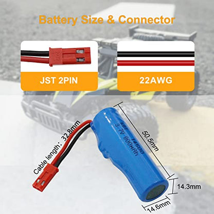 KBT 2Pack 3.7V 800mAh 10C High Drain Li-ion Rechargeable Battery with JST 2Pin Connector & USB Charging Cable for RC Car Toy RC Construction Trucks
