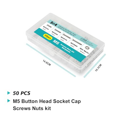50PCS M5 x 50mm 60mm 70mm 80mm, Button Head Socket Cap Screws Bolts Nuts Kit, Stainless Steel 304, Metric Allen Hex Drive, Fully Threaded - size: Button M5x50/60/70/80mm