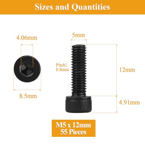 55 Pieces M5 x 12mm Socket Head Cap Screws, Thread Pitch 0.8mm, Sutemribor M5 Black Screws, 12.9 Grade Alloy Steel, Black Oxide Finish, Fully Threaded - size: M5 x 12mm, style: Socket Head
