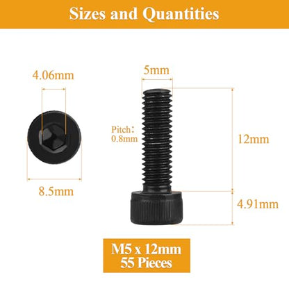 55 Pieces M5 x 12mm Socket Head Cap Screws, Thread Pitch 0.8mm, Sutemribor M5 Black Screws, 12.9 Grade Alloy Steel, Black Oxide Finish, Fully Threaded - size: M5 x 12mm, style: Socket Head