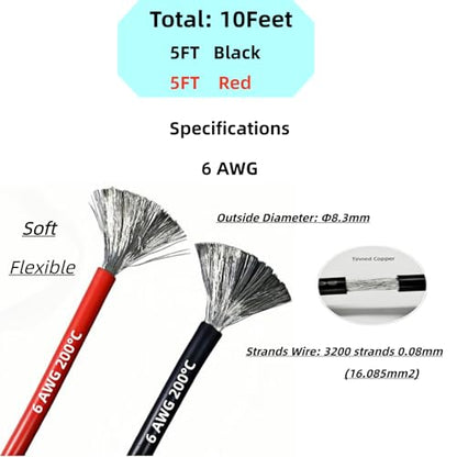 6 Gauge Silicone Wire (5 ft Red+5 ft Black ﻿) Ultra Flexible 6AWG Twisted Marine Grade Oil Wire Oxygen Free tin Plated Copper Cable, Suitable for Speakers, Cars, Batteries, Lighting - size: 5ft Red+5ft Black ﻿, style: 6 AWG
