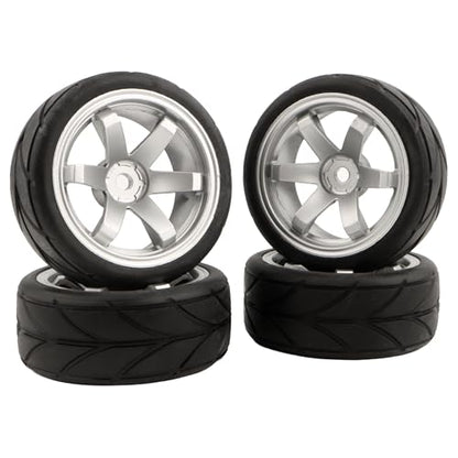 RC 1/10 Scale On Road Tires OD2.55 Rubber Wheel Rims 12mm Hex Compatible with Traxxas 4 Tec 2.0 Tamiya TT01 XV01 Kyosho WR8 Sakura WLtoys HPI Touring Racing Car(Silver) - color: Silver