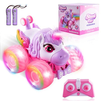 Remote Control Car Unicorn Monster Trucks for Girls 360° Rotating 4WD Stunt RC Cars with LED Lights and Music, 2.4GHz Toy Various Terrain Pink RC Cars Birthday Gifts for Kids Girl Age 3-12 (Large) - style: Large