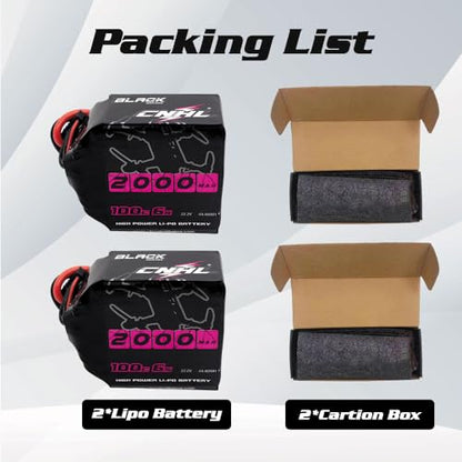 CNHL 2000mAh 6S Lipo Battery 22.2V 100C with XT60 Connector (2 Pack) | Provides reliable power delivery and extended flight runtime for 5-6 inch FPV drones, aerobatic planes, and RC cars.