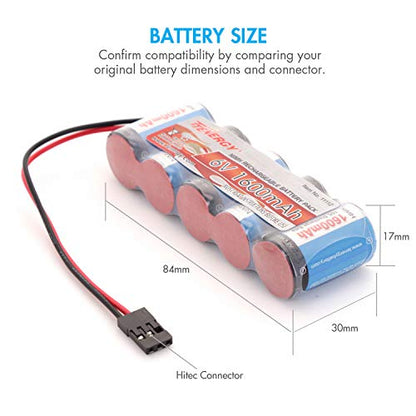 Tenergy 2 Pack Receiver Battery, 6V NiMH Rechargeable RC Battery Pack with Hitec Connector, 1600mAh High Capacity Side by Side 5C Flat RX Battery for RC Vehicles
