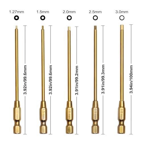 1.27mm 1.5mm 2.0mm 2.5mm 3.0mm Hex Bit Set Allen Wrench Drill Bits Compatible with Power Drills Impact Driver Electric Screwgun RC Tool Kit (5-Pack)