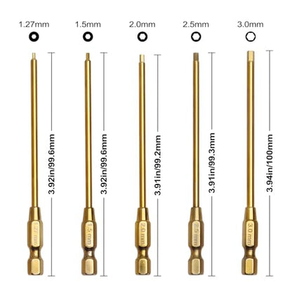 1.27mm 1.5mm 2.0mm 2.5mm 3.0mm Hex Bit Set Allen Wrench Drill Bits Compatible with Power Drills Impact Driver Electric Screwgun RC Tool Kit (5-Pack)