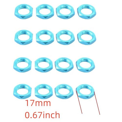 16pcs Aluminum Wheel Nuts 17mm Thread for 1/7 1/8 RC Model Car Trucks Off Road ARRMA 6s Karton Typhon Mojave HSP Redcat Himoto Upgrade Part Blue - color: Blue