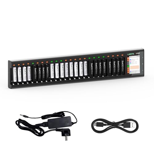 R Series AA AAA Battery Charger, Smart Rechargeable Charging Station with LCD, 8/16/24-Slot Independent Charging, Discharge/Activation/Cycle, Adjustable Current for 1.2V NiMH NiCd (24-Bay) - size: 24-bay