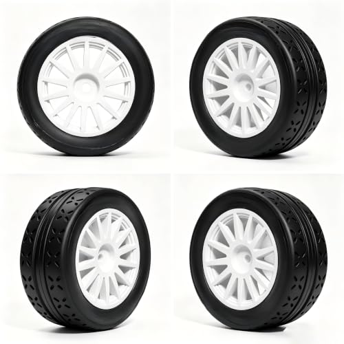 OD 70mm 1/10 RC Rally Racing Street Tires and Hard Plastic Wheels 12mm Hex for MJXRC 10304 Tamiya TT01 TT02 XV02 XV01 TA06 HPI KYOSHO PTG2 1:10 Scale On Road Drift Touring Car 4PCS (White) - color: White