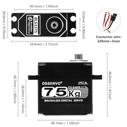 75kg RC Digital Servo with 2PCS 25T Servo Horn Full Aluminum Shell IP67 Waterproof Brushless Servo High Torque Fast Steering Servo for 1/8 1/10 1/12 RC Car, 270° - size: 75kg, 270°