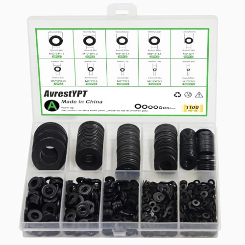 1100Pcs 9 Sizes M2-M12 Black Flat Washers for Screws & Bolts | M2 M2.5 M3 M4 M5 M6 M8 M10 M12 Rubber Washers Flat for Bolts & Screws, Household, Industrial, Furniture & Mechanical Repair - color: Black-M2/2.5/3/4/5/6/8/10/12-1100Pcs