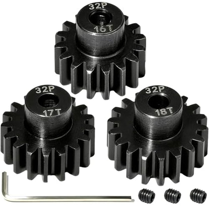 3PCS 32P Pinion Gear #45 Hardened Steel 3.175mm - 16T 17T 18T 0.8M Motor Pinion Gear Set for 1/10 RC Car, Compatible with Traxxas Arrma Tamiya Losi Brushless Brushed Motor Upgrade Parts - size: 16 17 18T
