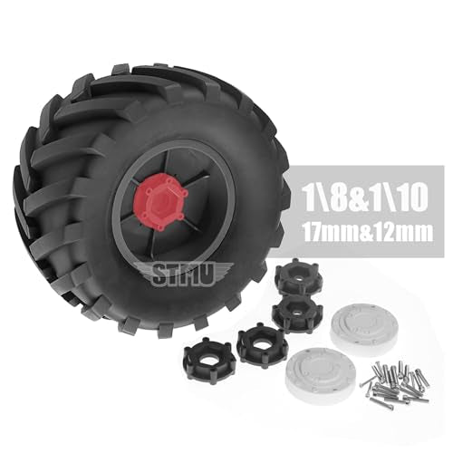 RC Monster Truck Tires and 17mm&14mm Hex Wheels Rims Rubber Buggy Tyres for 1/8&1/7 Scale Off Road Truck Car Kaiju Tmaxx E-Revo 3.3 Arrma Kraton 6S Typhon 3S HPI Redcat Traxxas Maxx (Black) - color: Black