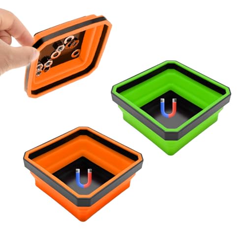 2PCS Collapsible Magnetic Parts Tray, 4.5" Square Silicone Tool Tray with Double-Sided Magnetic Base, Foldable Bowls Small Metal Parts Holder for Screws Bolts Nuts Washers (Green+Orange) - color: Green+Orange, size: 2PCS