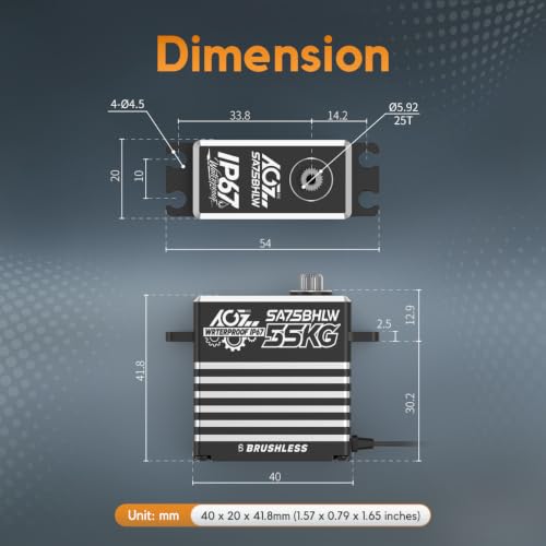 AGFRC 55KG Waterproof Brushless 1/10 1/8 RC Servo Motor(SA75BHLW) | 55KG High Torque, 0.110sec Speed, IP67 Waterproof, Programmable, Full Metal Gear, Ideal for 1/8 1/10 Rigs/Boats