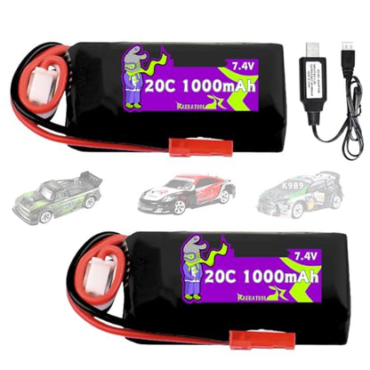 2S 7.4V 1000mAh 20C Battery with JST Plug Compatible with WLToys Mini RC Car K989 K969 K979 K999 P939 P929 1/28 MINI-Q 284131 Toy Speed Racing Truck with Charger