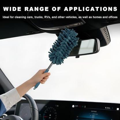 2PCS Car Interior Duster with Extension Pole, 11.8" to 30.5" Retractable Duster Washable Long Handle Cleaning Tool, Soft Chenille Detailing Brush for Auto Dash Vent Window (Navy Blue) - color: Navy Blue