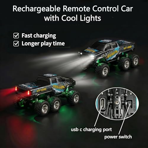 haomsj 1/64 Mini Rc Monster Truck 6x6 Off Road Remote Car for Kids & Adults | Sturdy Metal Car|3 Speeds|2.4G Flexible Remote Control|Long Lasting|Fast Charge|All-Terrain|Gift for Boys Age 3-12 - color: Black