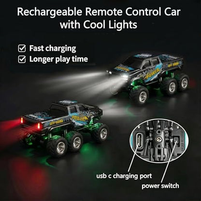 haomsj 1/64 Mini Rc Monster Truck 6x6 Off Road Remote Car for Kids & Adults | Sturdy Metal Car|3 Speeds|2.4G Flexible Remote Control|Long Lasting|Fast Charge|All-Terrain|Gift for Boys Age 3-12 - color: Black