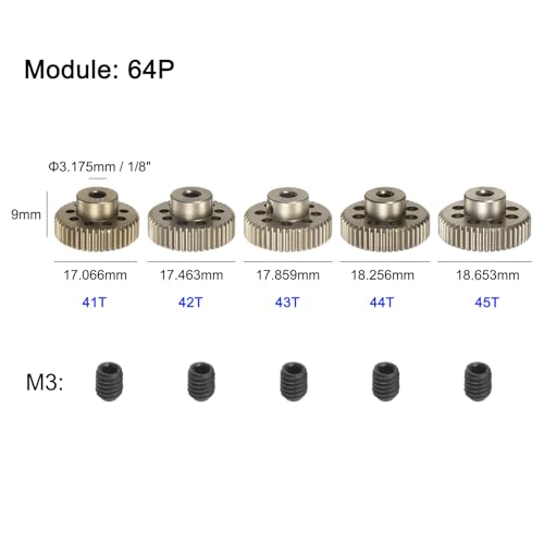 uxcell 64P Pinion Gear Set 3.175mm (1/8") Shaft 41T 42T 43T 44T 45T Aluminum Alloy Motor Gears with Step for 1/10 RC Car (5pcs)