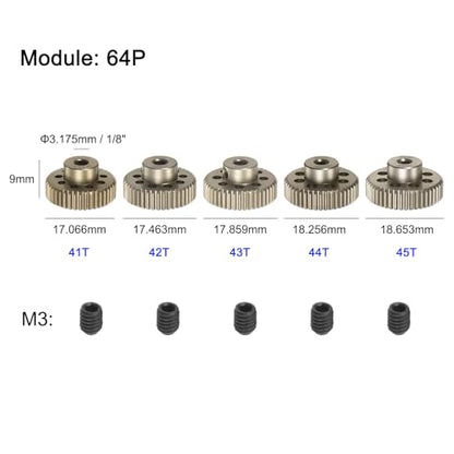 uxcell 64P Pinion Gear Set 3.175mm (1/8") Shaft 41T 42T 43T 44T 45T Aluminum Alloy Motor Gears with Step for 1/10 RC Car (5pcs)