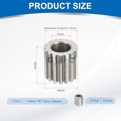 uxcell 1 Mod 16T Spur Gear 10mm Bore, 304 Stainless Steel Pinion Gear, 20°Pressure Angle, for Spur Rack and RC Model Car or Motor DIY - size: 1 Mod 16T, 10mm