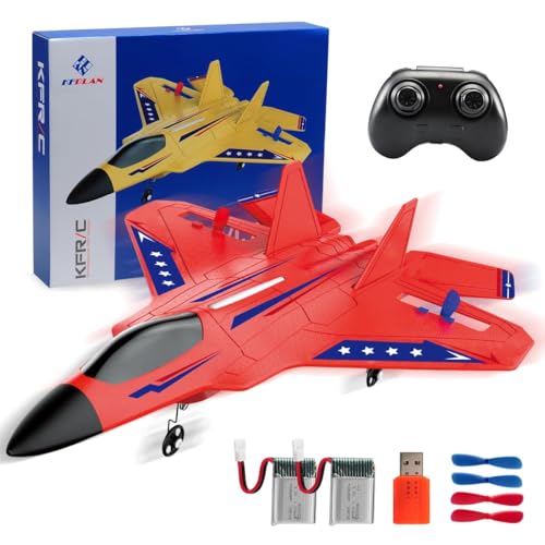 ANTSIR F22 RC Airplane for Kids Boys Adults Beginners Easy to Fly Toy Gift | Gyro Stabilizer, LED Lights, 2.4GHz 2 Channel, 2 Batteries EPP Foam RC Glider, 2.4GHz Remote Control Fighter Jet - color: Red F22-2 Batteries Kf