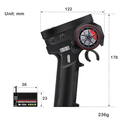 MEUS RACING ME-10B RC Transmitter 10 Channels 2.4GHz and Receiver with Coach Mode for 1/8 1/10 1/18 1/24 RC Crawler Car Boat TRX4 TRX4M SCX10 SCX24 Upgrades Parts (Black) - color: Black