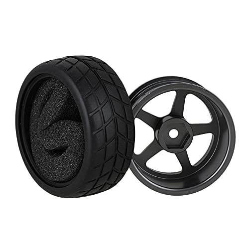 Mxfans 4Pcs 1:10 RC On-Road Wheels Grey 5-Spoke Alloy Rims | Black square pattern rubber tyres. For 1:10 RC on-road racing. Durable, great grip and handling.