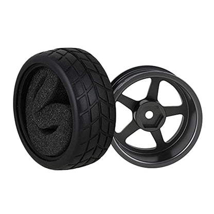 Mxfans 4Pcs 1:10 RC On-Road Wheels Grey 5-Spoke Alloy Rims | Black square pattern rubber tyres. For 1:10 RC on-road racing. Durable, great grip and handling.