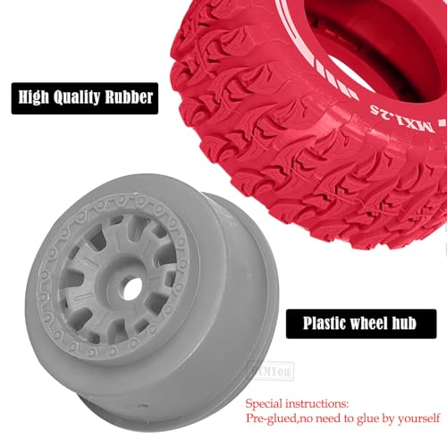 RC MX1.25 RC Truck Wheel Tires for Traxx as/Mojave GROM 223S 4x4 RTR,14301 14302 14303,Tamiya Kyosho HPI 1/14-1/18 Scale On/Off Road,RC Monster Truck Car Wheels,Grey-Red - color: Grey-red(rc Wheels Tires)
