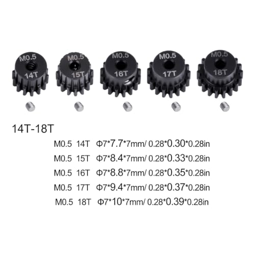 0.5M Pinion Gear Set 14T-18T, 2mm Bore Hardened Steel Motor Gears with Set Screws, 5PCS RC Gear Set Compatible with Losi Micro-B 1/24 1/28 RC Cars