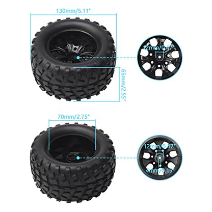 4-Pack 12mm Hex RC Wheels and Tires Set For 1/10 Scale Off Road Monster Truck, Rubber Tyre with Foam Inserts Locknuts Washers for HSP 94188 Volcano S30 etc | For Traxxas Rustler Stampede Slash, Arrma Senton Granite, RC Monster Truck - style: 7 Spokes-Blac