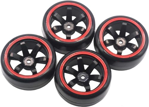 4PCS 1/10 RC Drift Car Tires Smooth Hard Tyre Plastic Wheel Rims Set Replacement for HSP Tamiya HPI Kyosho On-Road Drifting Car(Black/Red) - color: Black/Red