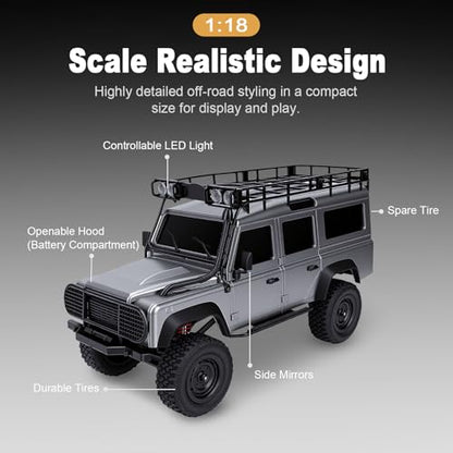 1/18 Scales Remote Control Truck, MN-111 Remote Control Crawler with LED Lights, 2.4GHz Four Wheel Drive Rechargeable Climbing RC Truck for Teens Adults (Silver Grey) - color: Silver Grey