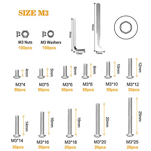 VIGRUE 570PCS Stainless Steel M3 Button Head Hex Socket Cap Screw Bolts, M3 x 4/5/6/8/10/12/14/16/18/20/25mm Screw and Nuts Flat Washer Assortment Kit, Fully Machine Thread - size: M3 Button silver