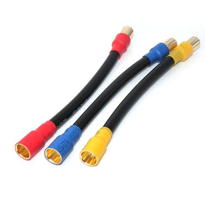 3-Pack 8mm Bullet Connector Extension Leads Male to Female, 8AWG High Temp Silicone RC Power Cables, 5in (±0.1) 200°C, Gold-Plated Copper Connectors
