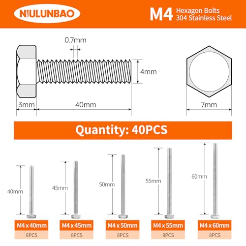M4 x 40mm 45mm 50mm 55mm 60mm Heavy Duty Hexagon Bolts Hex Head Screws, 304 Stainless Steel, Metric Machine Fully Threaded, Bright Finish, Assortment Kit 40PCS - size: M4 x 40/45/50/55/60mm (40PCS)