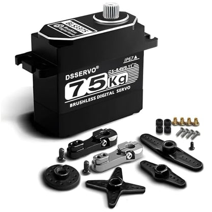 75kg RC Digital Servo with 2PCS 25T Servo Horn Full Aluminum Shell IP67 Waterproof Brushless Servo High Torque Fast Steering Servo for 1/8 1/10 1/12 RC Car, 270° - size: 75kg, 270°