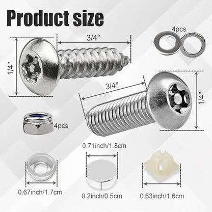 Anti-Theft License Plate Screws Kit | 1/4" M6, Tamper Resistant, Stainless Steel Bolts, Rustproof Fasteners, Front & Rear License Plate Frames, Insert Fasteners - color: Sliver
