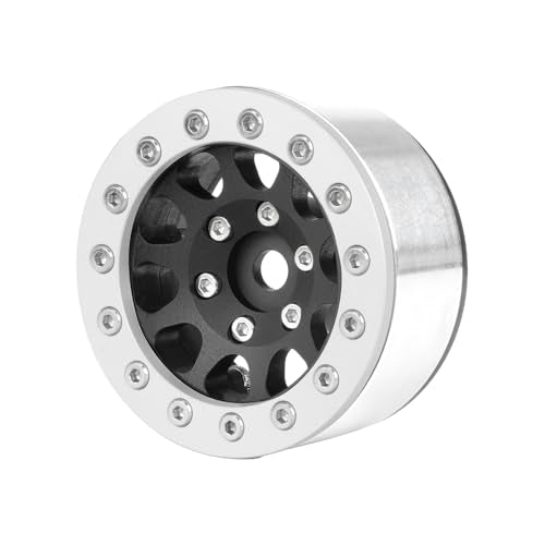 4PCS 1.55 Inch Aluminum Alloy Metal 10Holes Beadlock Wheel Rim Hubs Replacement Accessory for Tamiya AX90069 D90 TF2 CC01 CC02 1/10 RC Crawler Car Upgrade Parts (Silver+Black) - color: Silver+black