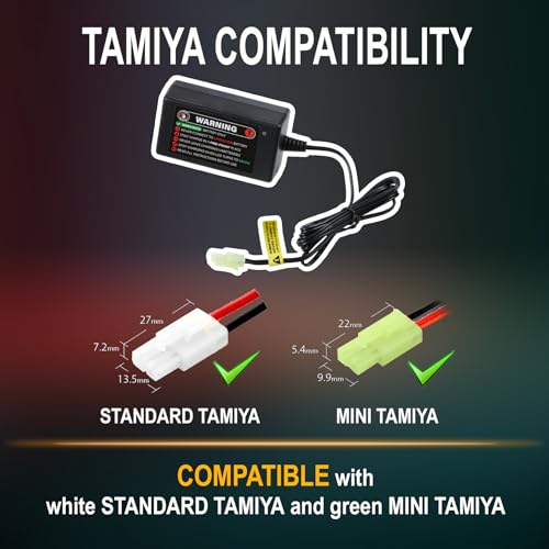Lancer Tactical Smart Charger for 8.4V–9.6V NiMH Battery Packs, Compatible with Airsoft Guns, RC Cars, and RC Airplanes, Mini Tamiya & Standard Tamiya Connectors