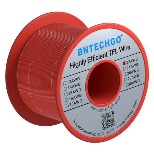 BNTECHGO 22AWG FEP Teflon Coated Wire Red 100ft Tin-Plated Copper | 22 Gauge Strands Wire High-Temp FEP Insulation, -65°C to 200°C Rated, Aerospace Wiring, Medical Wiring, Scientific Equipment - size: 100ft Red