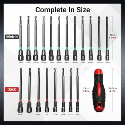 21-Piece Magnetic Nut Driver Set - SAE (1/4" to 9/16") & Metric (5mm to 15mm) Nut Driver Set with Non-Slip Silicone Grip Handle - Cr-V Magnetic Socket set - size: 21-Piece Magnetic Nut Driver Set