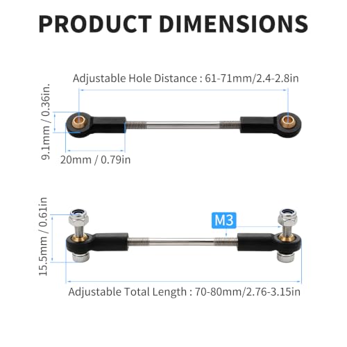 2 Pcs RC Toy Push Rod, M3x50mm Tie Rods Black Ball Head Joint | 70-80mm Adjustable, 304 Servo Linkage Link Rods, Double Plastic Ball Head, for RC Cars, Planes, Helicopters, DIY Models - color: M3×50mm Rod